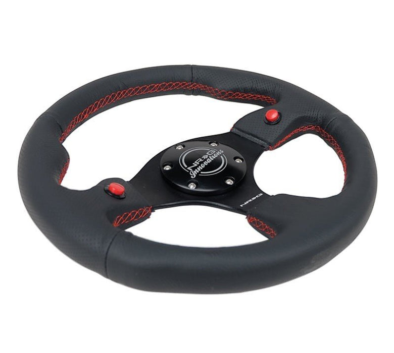 NRG Reinforced Steering Wheel (320mm) Blk Leather w/Dual Buttons - Lunaticsco
