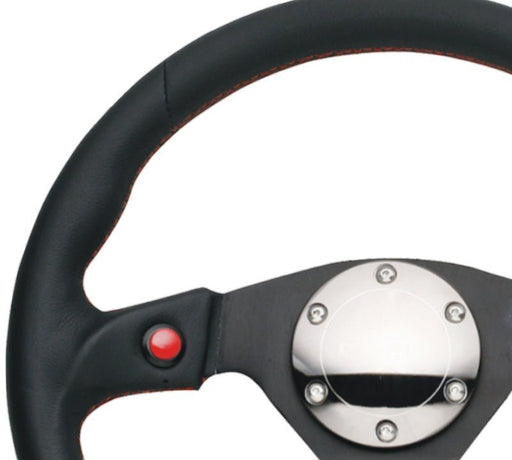 NRG Reinforced Steering Wheel (320mm) Blk Leather w/Dual Buttons - Lunaticsco