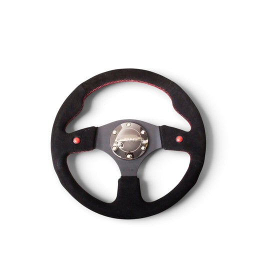 NRG Reinforced Steering Wheel (320mm) Blk Suede w/Dual Buttons - Lunaticsco
