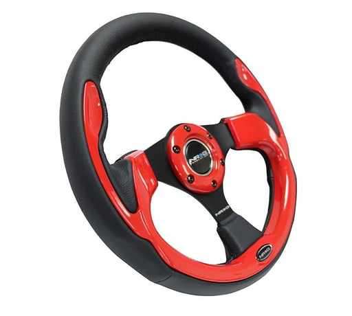 NRG Reinforced Steering Wheel (320mm) Blk w/Red Trim & 5mm 3-Spoke - Lunaticsco