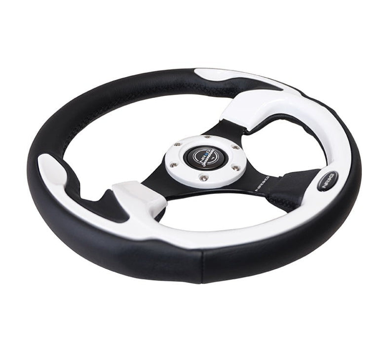 NRG Reinforced Steering Wheel (320mm) Blk w/White Trim & 4mm 3-Spoke - Lunaticsco