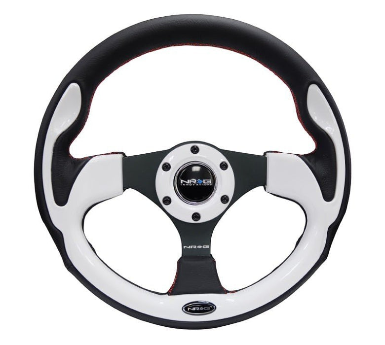 NRG Reinforced Steering Wheel (320mm) Blk w/White Trim & 4mm 3-Spoke - Lunaticsco