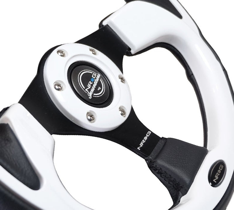 NRG Reinforced Steering Wheel (320mm) Blk w/White Trim & 4mm 3-Spoke - Lunaticsco