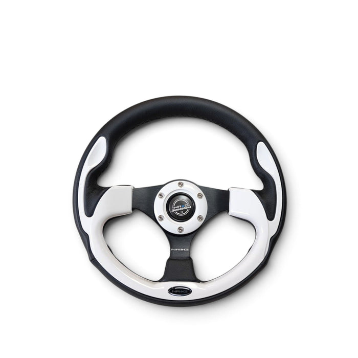NRG Reinforced Steering Wheel (320mm) Blk w/White Trim & 4mm 3-Spoke - Lunaticsco