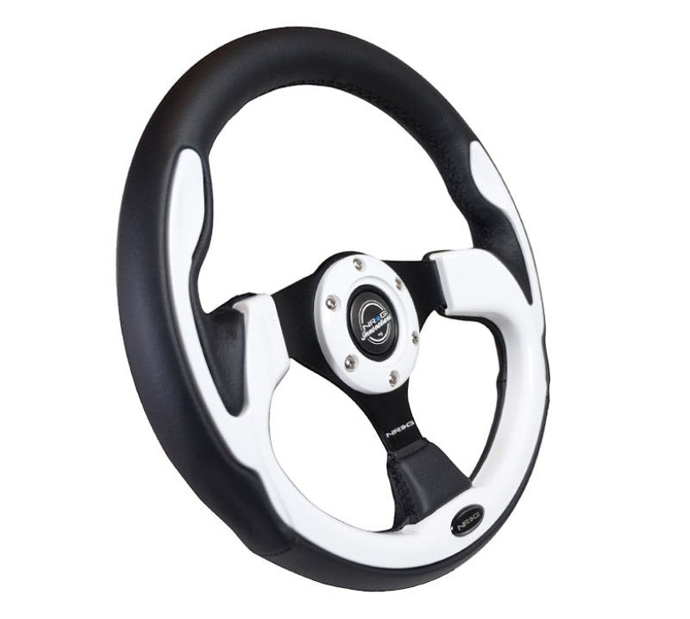 NRG Reinforced Steering Wheel (320mm) Blk w/White Trim & 4mm 3-Spoke - Lunaticsco