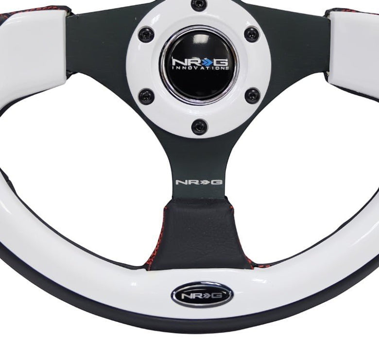 NRG Reinforced Steering Wheel (320mm) Blk w/White Trim & 4mm 3-Spoke - Lunaticsco