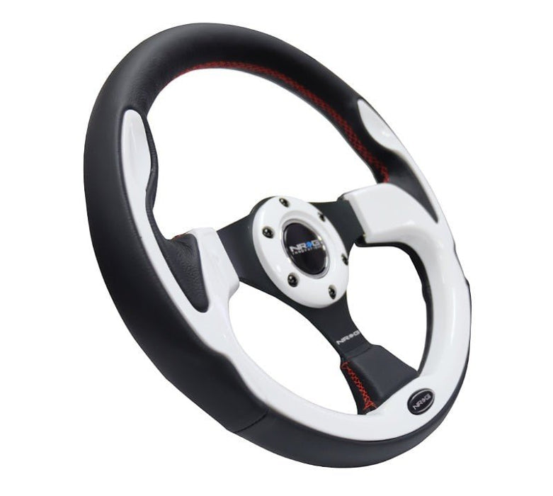 NRG Reinforced Steering Wheel (320mm) Blk w/White Trim & 4mm 3-Spoke - Lunaticsco