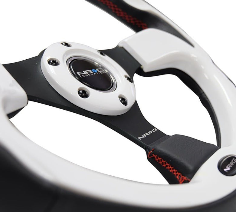 NRG Reinforced Steering Wheel (320mm) Blk w/White Trim & 4mm 3-Spoke - Lunaticsco