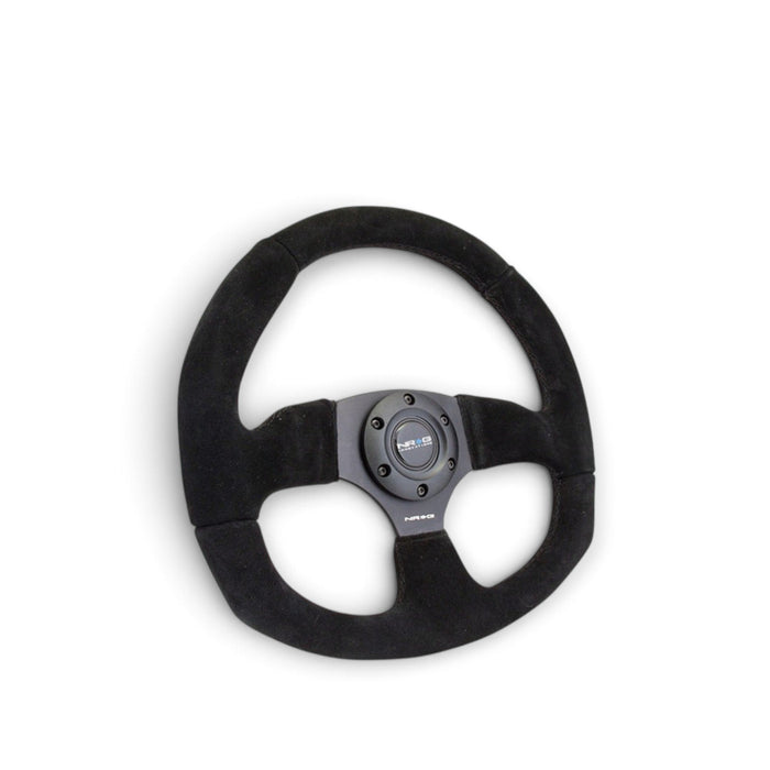 NRG Reinforced Steering Wheel (320mm Horizontal / 330mm Vertical) Black Suede w/Black Stitching - Lunaticsco