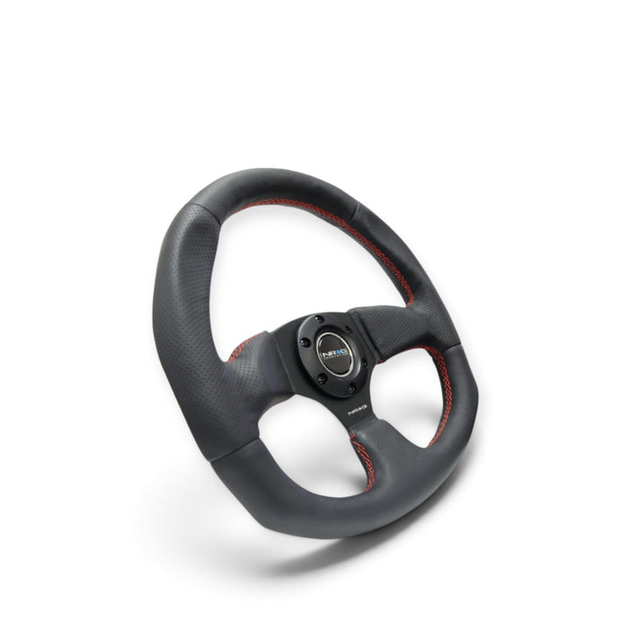 NRG Reinforced Steering Wheel (320mm Horizontal / 330mm Vertical) Leather w/Red Stitching - Lunaticsco