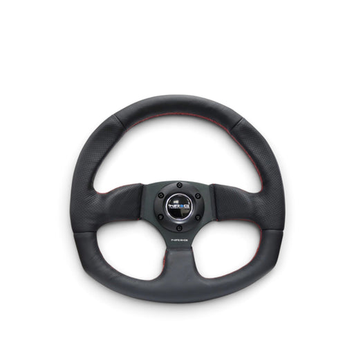 NRG Reinforced Steering Wheel (320mm Horizontal / 330mm Vertical) Leather w/Red Stitching - Lunaticsco