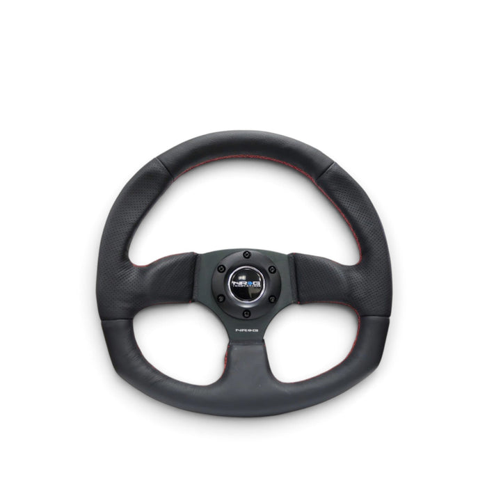 NRG Reinforced Steering Wheel (320mm Horizontal / 330mm Vertical) Leather w/Red Stitching - Lunaticsco