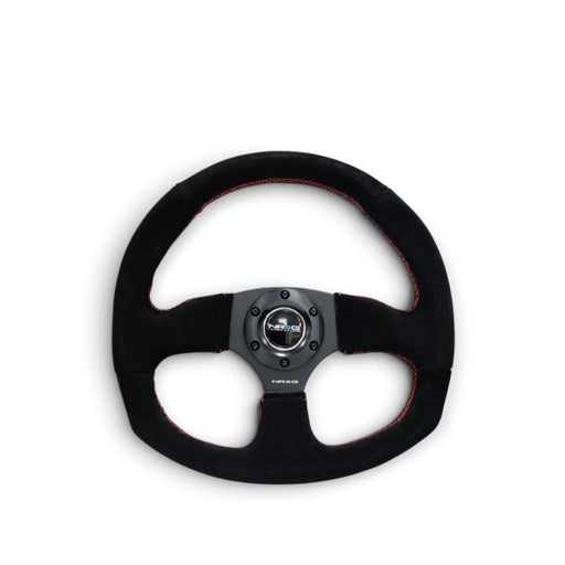 NRG Reinforced Steering Wheel (320mm Horizontal / 330mm Vertical) Suede w/Red Stitch - Lunaticsco