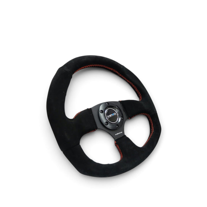 NRG Reinforced Steering Wheel (320mm Horizontal / 330mm Vertical) Suede w/Red Stitch - Lunaticsco