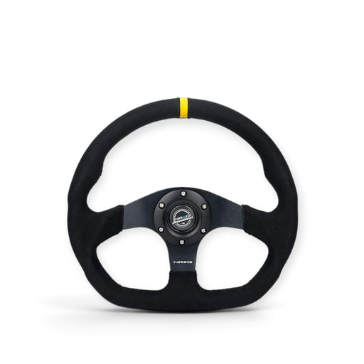 NRG Reinforced Steering Wheel (320mm) Sport Alcantara Dual Push Buttons Flat Bottom w/Yellow Center - Lunaticsco