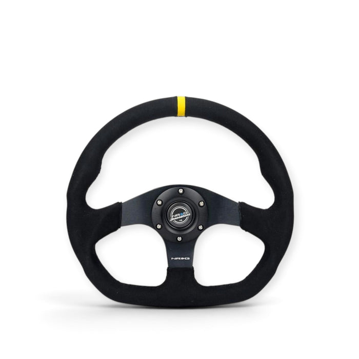 NRG Reinforced Steering Wheel (320mm) Sport Alcantara Dual Push Buttons Flat Bottom w/Yellow Center - Lunaticsco