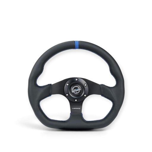 NRG Reinforced Steering Wheel (320mm) Sport Leather Flat Bottom w/ Blue Center/ Blue Stitching - Lunaticsco