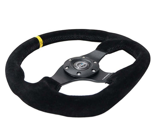 NRG Reinforced Steering Wheel (320mm) Sport Suede Flat Bottom w/ Yellow Center Mark - Lunaticsco