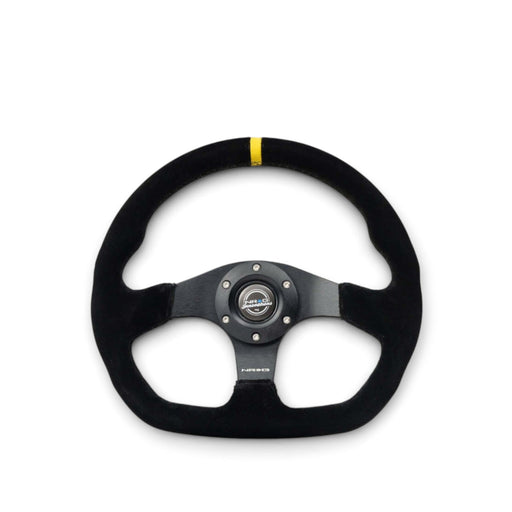 NRG Reinforced Steering Wheel (320mm) Sport Suede Flat Bottom w/ Yellow Center Mark - Lunaticsco