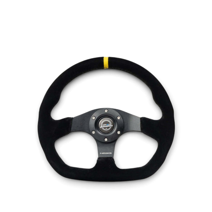 NRG Reinforced Steering Wheel (320mm) Sport Suede Flat Bottom w/ Yellow Center Mark - Lunaticsco