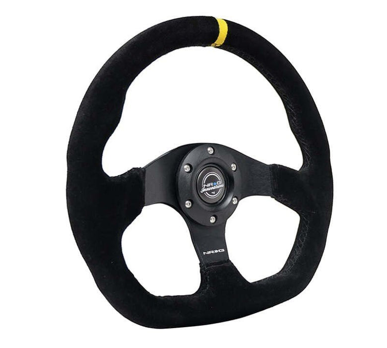 NRG Reinforced Steering Wheel (320mm) Sport Suede Flat Bottom w/ Yellow Center Mark - Lunaticsco