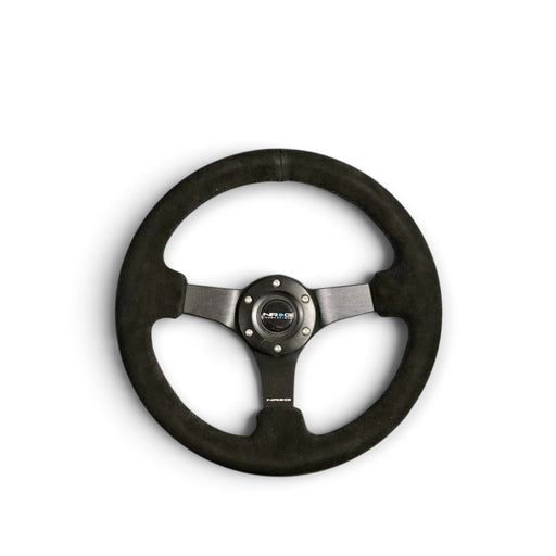 NRG Reinforced Steering Wheel (330mm / 3in Deep) Blk Suede w/Criss Cross Stitch w/Blk 3-Spoke Center - Lunaticsco