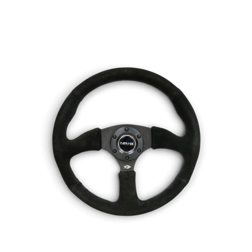 NRG Reinforced Steering Wheel (350mm / 2.5in. Deep) Blk Suede Comfort Grip w/5mm Matte Blk Spokes - Lunaticsco