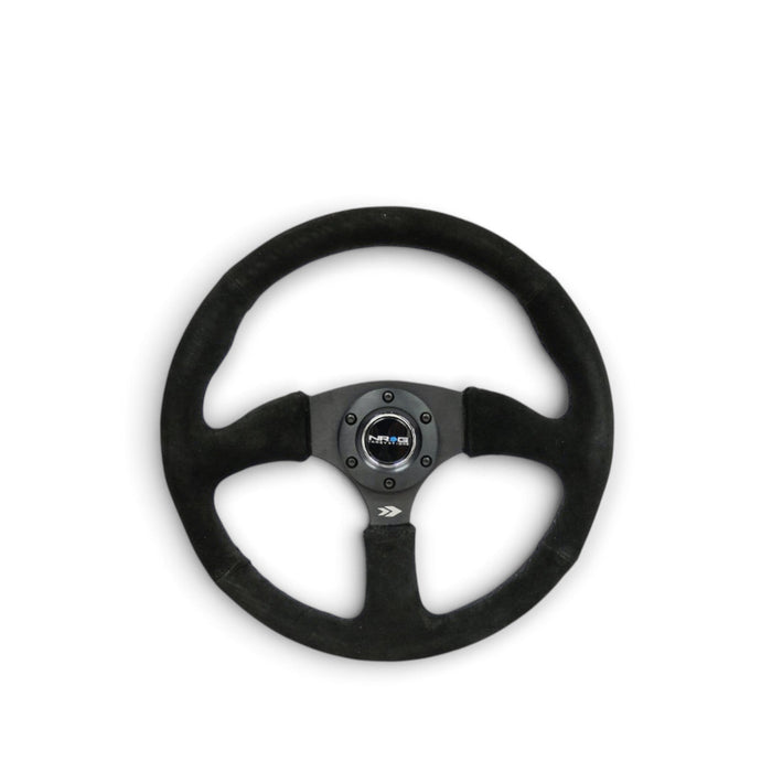 NRG Reinforced Steering Wheel (350mm / 2.5in. Deep) Blk Suede Comfort Grip w/5mm Matte Blk Spokes - Lunaticsco