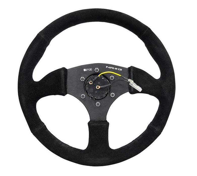 NRG Reinforced Steering Wheel (350mm / 2.5in. Deep) Blk Suede Comfort Grip w/5mm Matte Blk Spokes - Lunaticsco