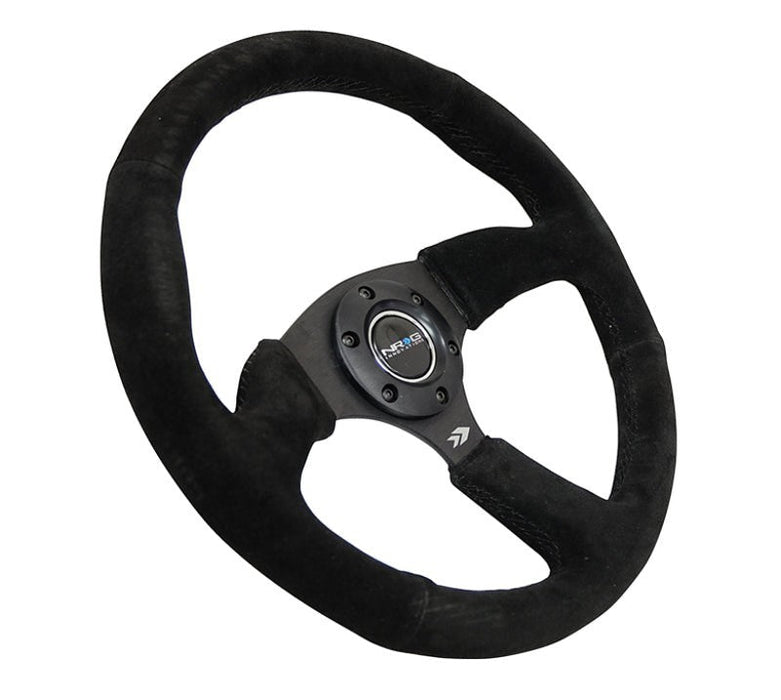 NRG Reinforced Steering Wheel (350mm / 2.5in. Deep) Blk Suede Comfort Grip w/5mm Matte Blk Spokes - Lunaticsco