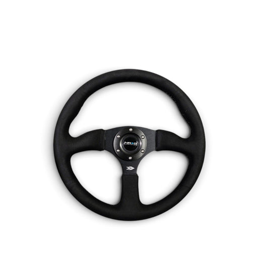 NRG Reinforced Steering Wheel (350mm / 2.5in. Deep)Blk Alcantara Comfort Grip w/4mm Matte Blk Spokes - Lunaticsco