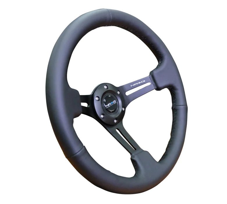 NRG Reinforced Steering Wheel 350mm 3" Deep (Black Leather / Black Stitching) - Lunaticsco