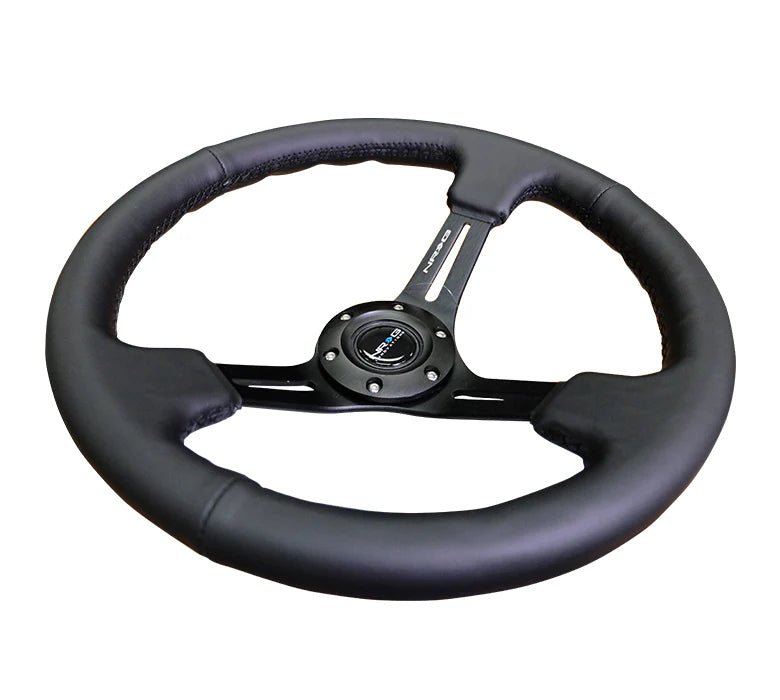 NRG Reinforced Steering Wheel 350mm 3" Deep (Black Leather / Black Stitching) - Lunaticsco