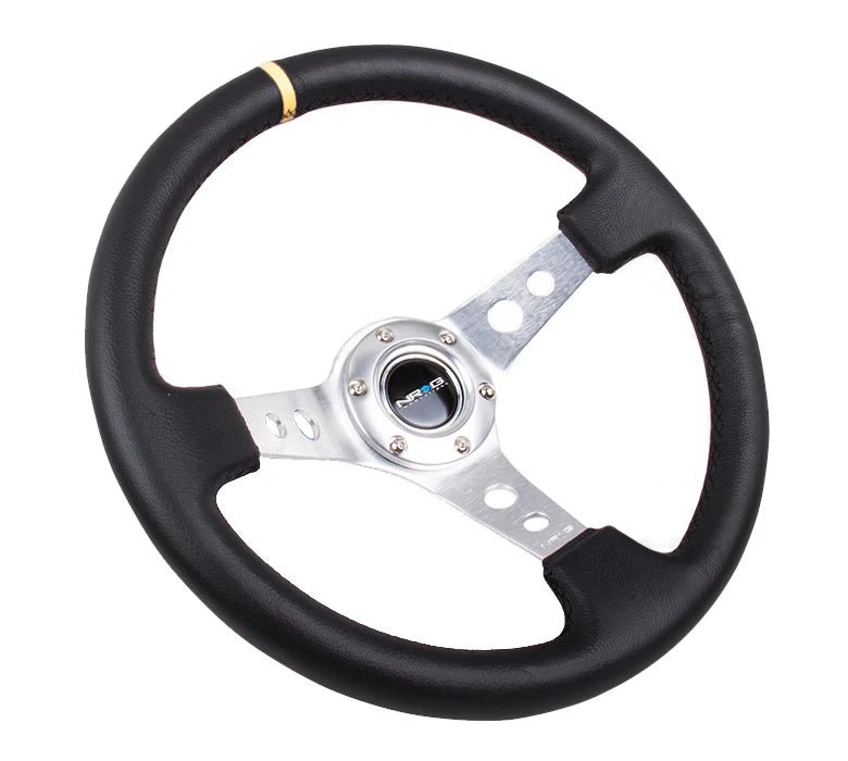 NRG Reinforced Steering Wheel 350mm 3" Deep (Black Leather / Circle Cut Spokes / Yellow CM) - Lunaticsco