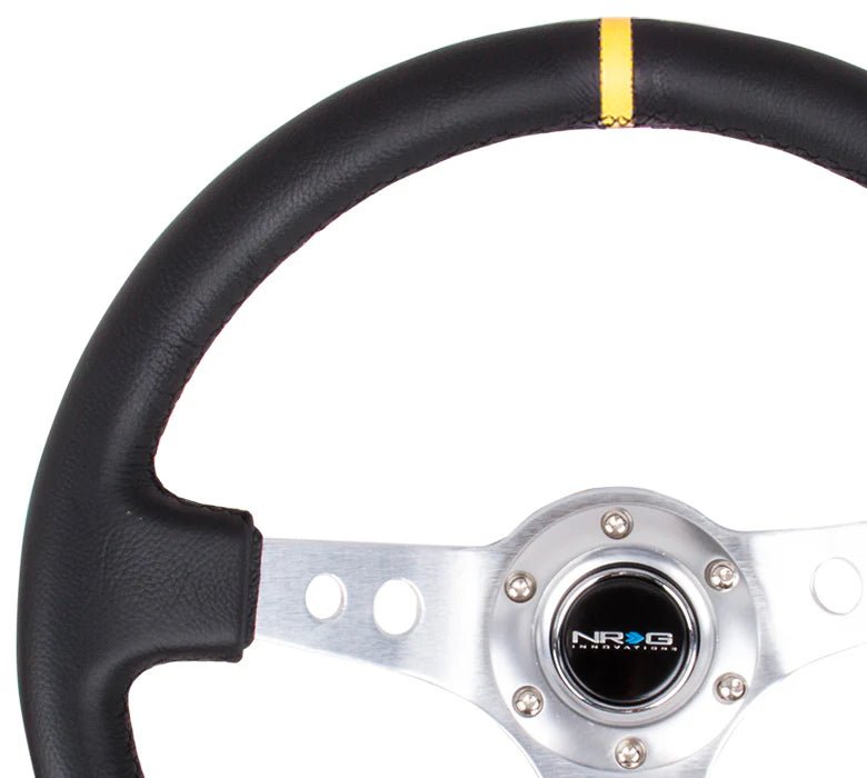 NRG Reinforced Steering Wheel 350mm 3" Deep (Black Leather / Circle Cut Spokes / Yellow CM) - Lunaticsco