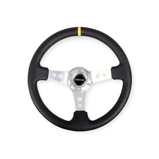 NRG Reinforced Steering Wheel 350mm 3" Deep (Black Leather / Circle Cut Spokes / Yellow CM) - Lunaticsco