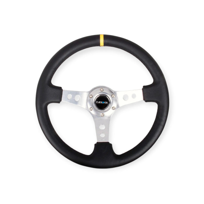 NRG Reinforced Steering Wheel 350mm 3" Deep (Black Leather / Circle Cut Spokes / Yellow CM) - Lunaticsco