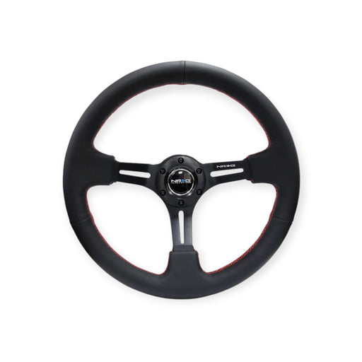 NRG Reinforced Steering Wheel 350mm 3" Deep (Black Leather / Red Stitch) - Lunaticsco