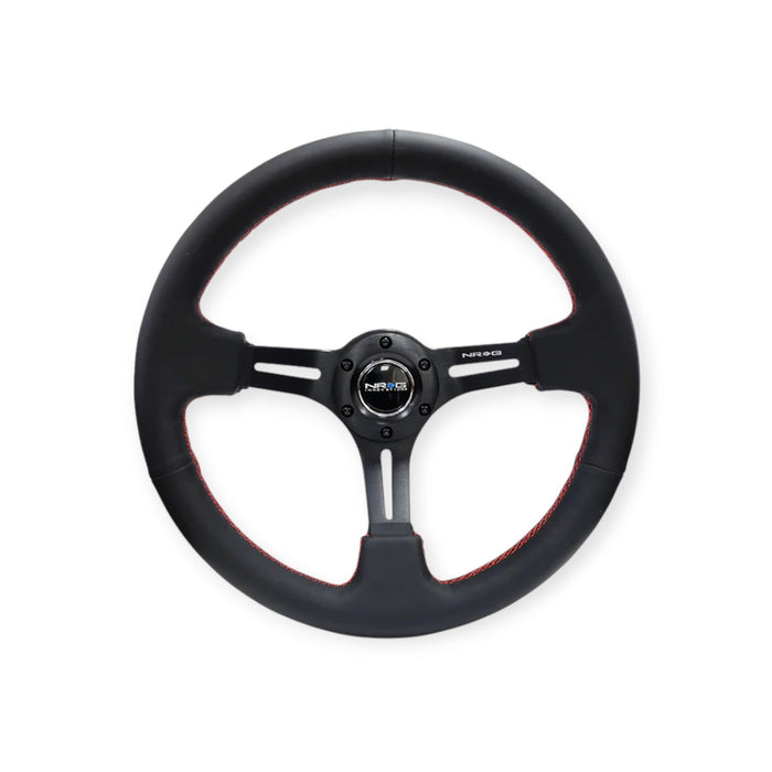 NRG Reinforced Steering Wheel 350mm 3" Deep (Black Leather / Red Stitch) - Lunaticsco