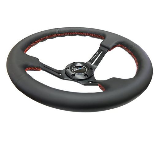 NRG Reinforced Steering Wheel 350mm 3" Deep (Black Leather / Red Stitch) - Lunaticsco