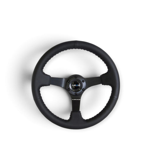 NRG Reinforced Steering Wheel (350mm / 3in. Deep) Bk Leather w/Bk BBall Stitch (Odi Bakchis Edition) - Lunaticsco