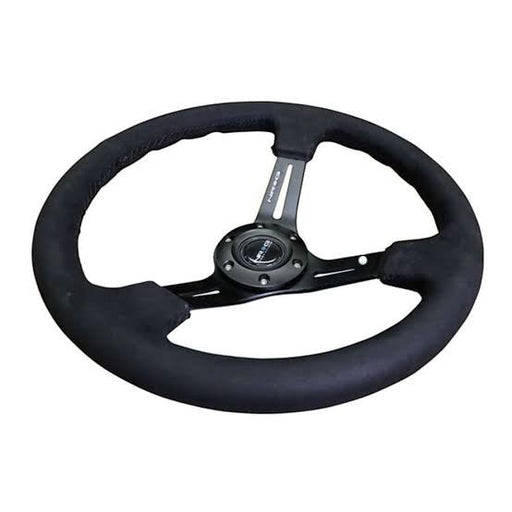 NRG Reinforced Steering Wheel (350mm / 3in. Deep) Black Leather w/ Alcantara Stitching - Lunaticsco