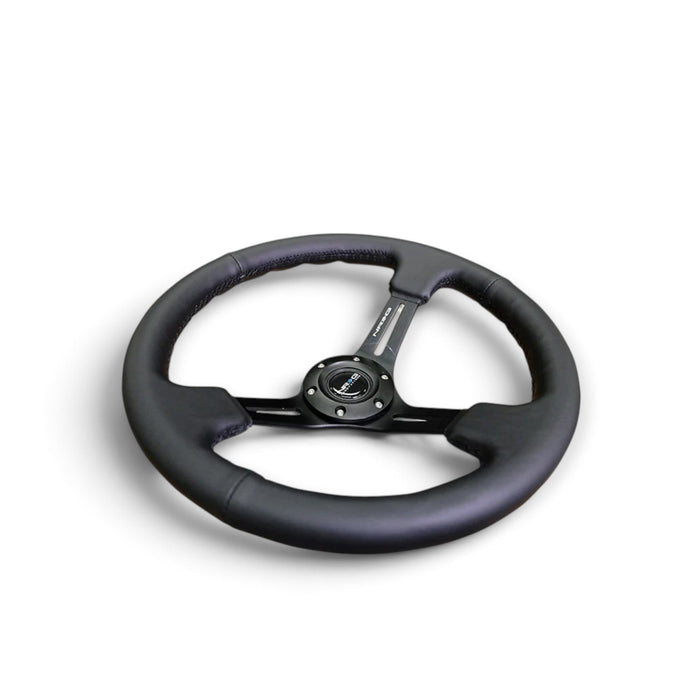 NRG Reinforced Steering Wheel (350mm / 3in. Deep) Black Leather w/ Black Stitching - Lunaticsco