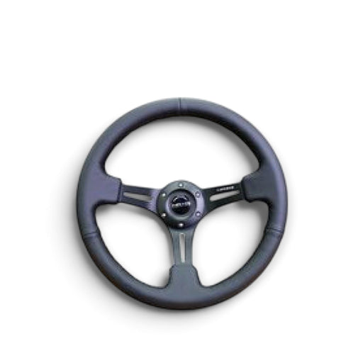 NRG Reinforced Steering Wheel (350mm / 3in. Deep) Black Leather w/ Black Stitching - Lunaticsco