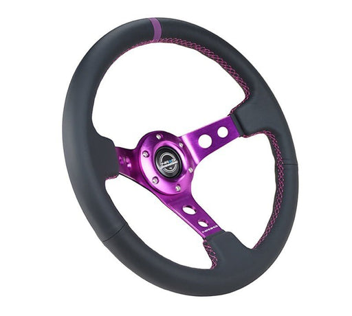 NRG Reinforced Steering Wheel (350mm / 3in. Deep) Black Leather w/Purple Center & Purple Stitching - Lunaticsco