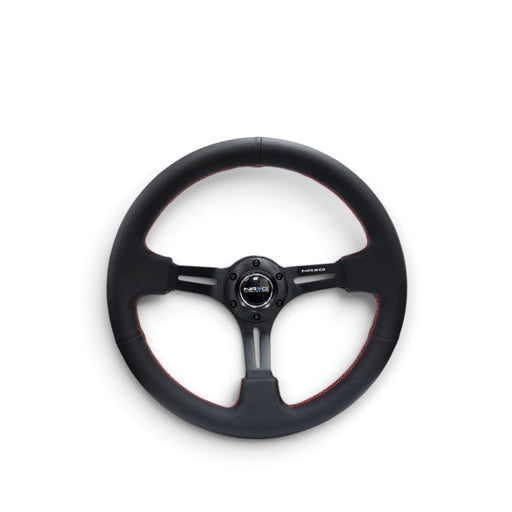 NRG Reinforced Steering Wheel (350mm / 3in. Deep) Black Leather/Red Stitch & Blk 3-Spoke w/Slits - Lunaticsco