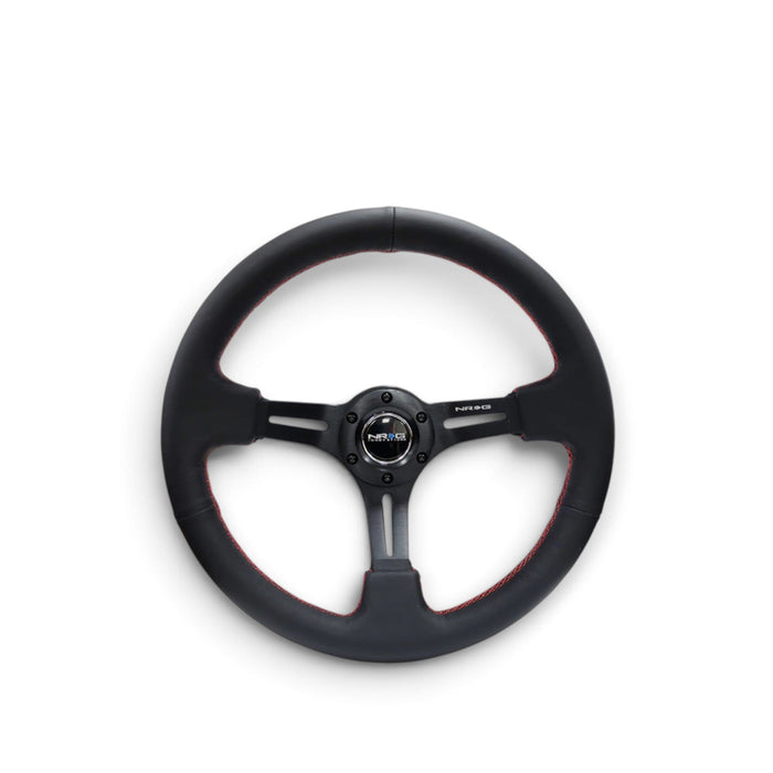 NRG Reinforced Steering Wheel (350mm / 3in. Deep) Black Leather/Red Stitch & Blk 3-Spoke w/Slits - Lunaticsco