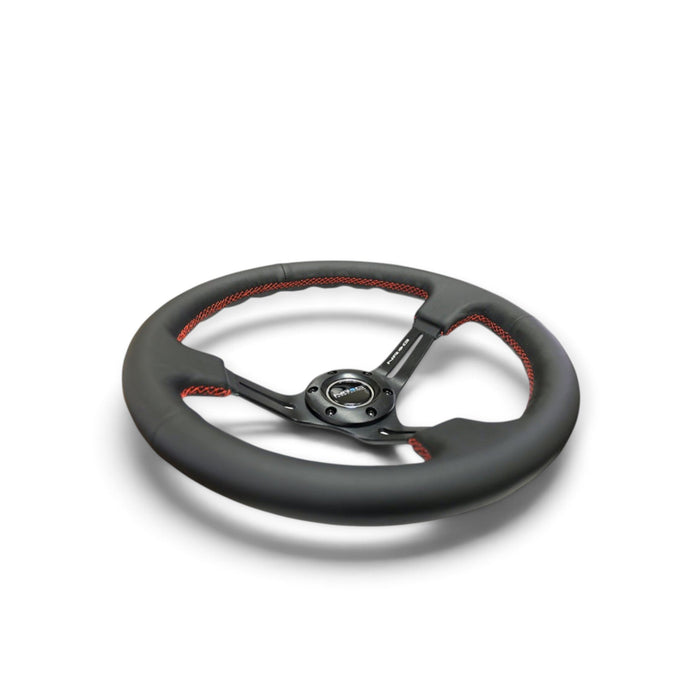 NRG Reinforced Steering Wheel (350mm / 3in. Deep) Black Leather/Red Stitch & Blk 3-Spoke w/Slits - Lunaticsco