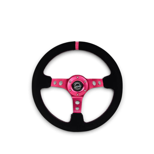 NRG Reinforced Steering Wheel (350mm/ 3in. Deep) Black Suede/ Fushia Center Mark/ Fushia Stitching - Lunaticsco