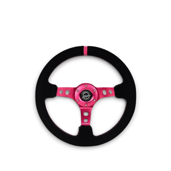 NRG Reinforced Steering Wheel (350mm/ 3in. Deep) Black Suede/ Fushia Center Mark/ Fushia Stitching - Lunaticsco